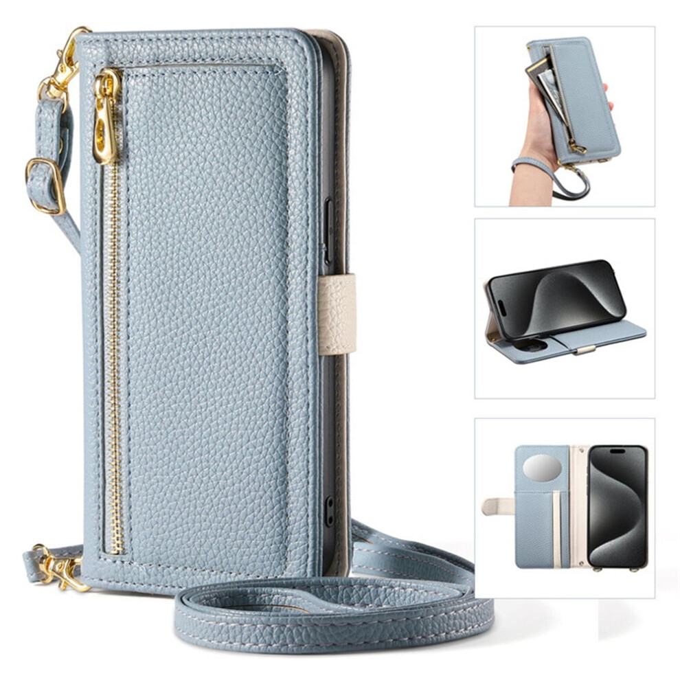 Eseble Leather Case For Google Pixel 9 / Pixel 9 Pro Â 3-Card Holder, Zipper Bills Slot, Mirror, Detachable Lanyard & Wristlet Wallet, Blue 9152228502321