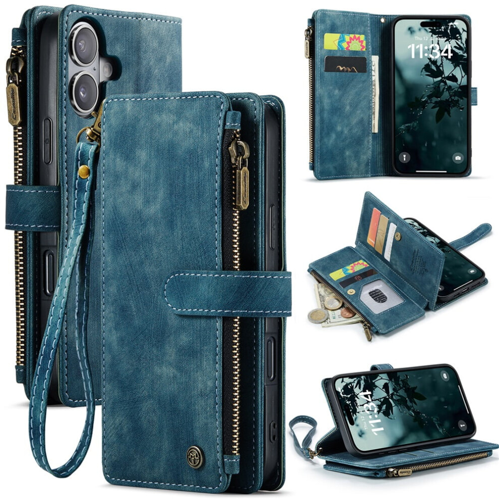 Caseme Iphone 16 Wallet Case Â Pu Leather Magnetic Flip, Lanyard Strap, Wristlet & Zipper Card Holder, Compatible With Iphone 16 Blue 9152228499539