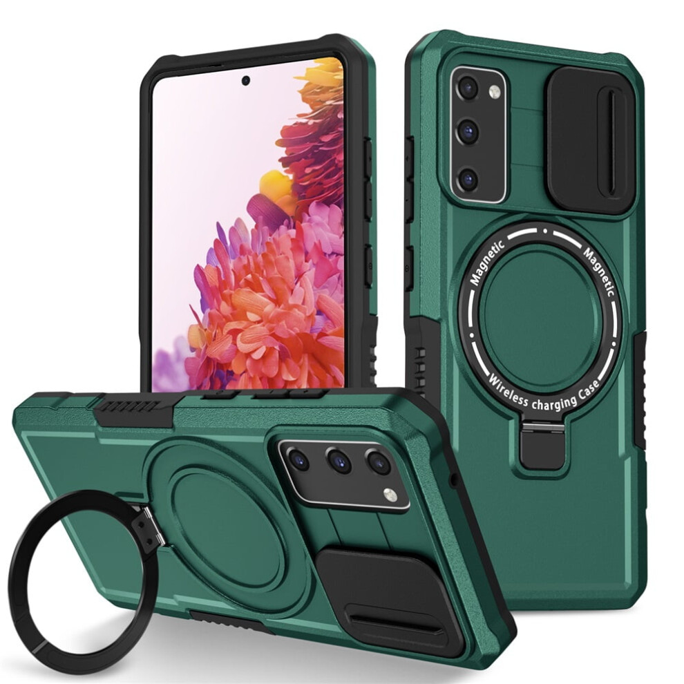 Deep Shockproof Case For Samsung Galaxy S20 Fe 6.5" Â Sliding Camera Cover, Magsafe Compatible, Hidden Kickstand & Ring Holder Green 9152228503410