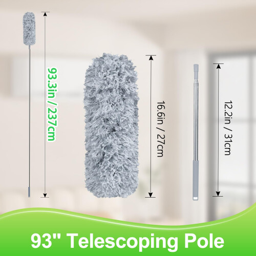 Fogray Extendable Feather Duster, Bendable Microfiber Long Handled with Extra Telescopic Extending Pole and Soft Silicone Cap, Washable Duster for 1