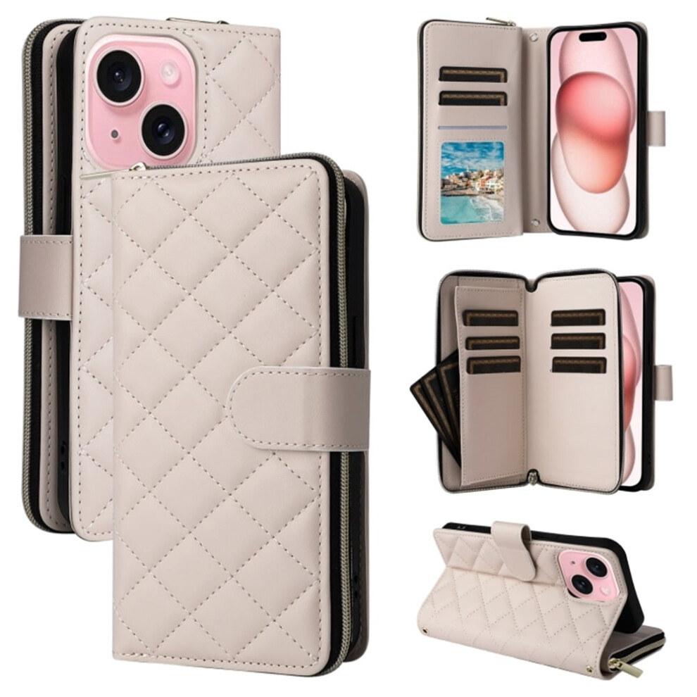 Magnetic Flip Wallet Case For Iphone 15 Beige 9-Card Cream 9170372627462