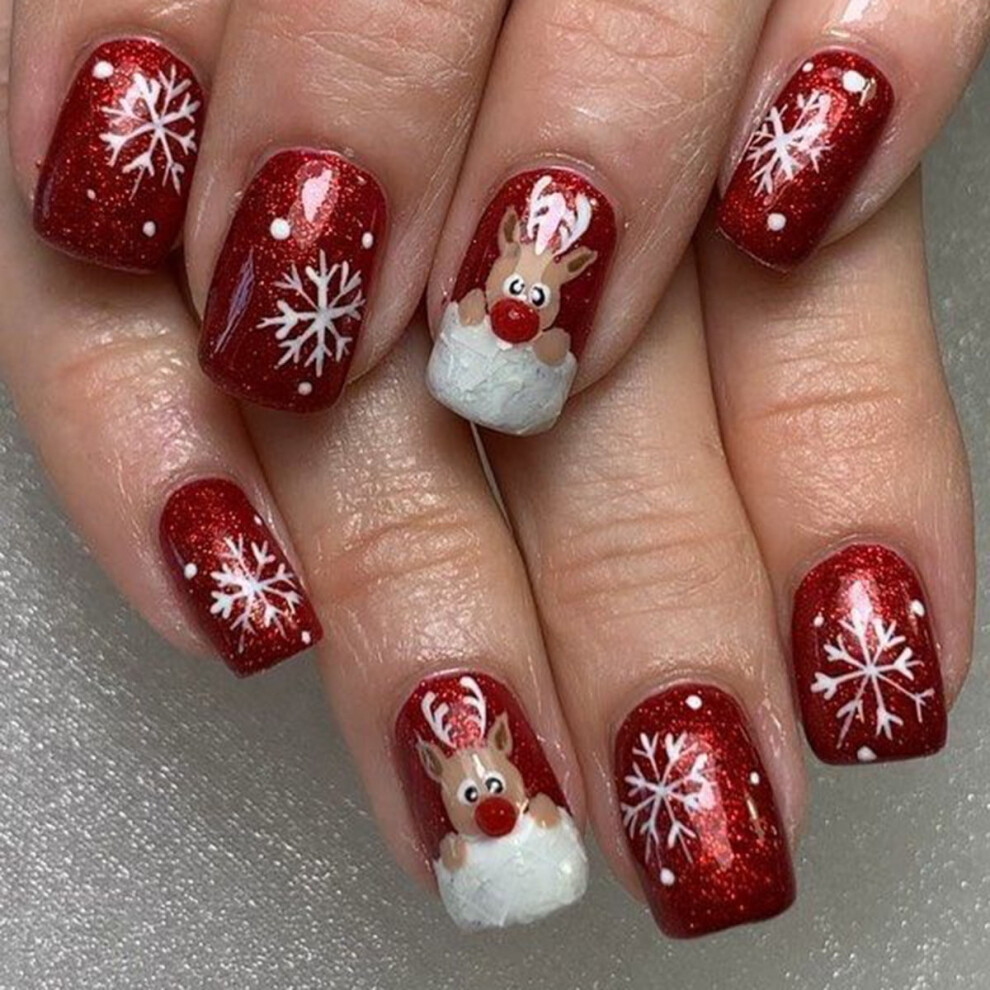 24Pcs Christmas Press-on Nails, Snowflake Design, Short Square Fake Nails with Gel Glue â Compatible with Acrylic & Gel Manicures