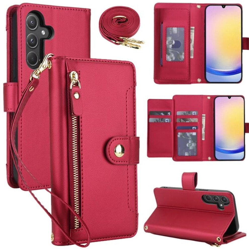 Rfid Blocking Wallet Case For Samsung Galaxy A15 5G/4G (6.5"), Shockproof, Multi-Card Slots, Zipper Pocket, Detachable Straps, Red 9152228502543