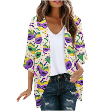 Mardi-Gras-Cardigan für Damen, leichter Glitzer-Cardigan mit offener Vorderseite, Karnevalsmotiv-Print