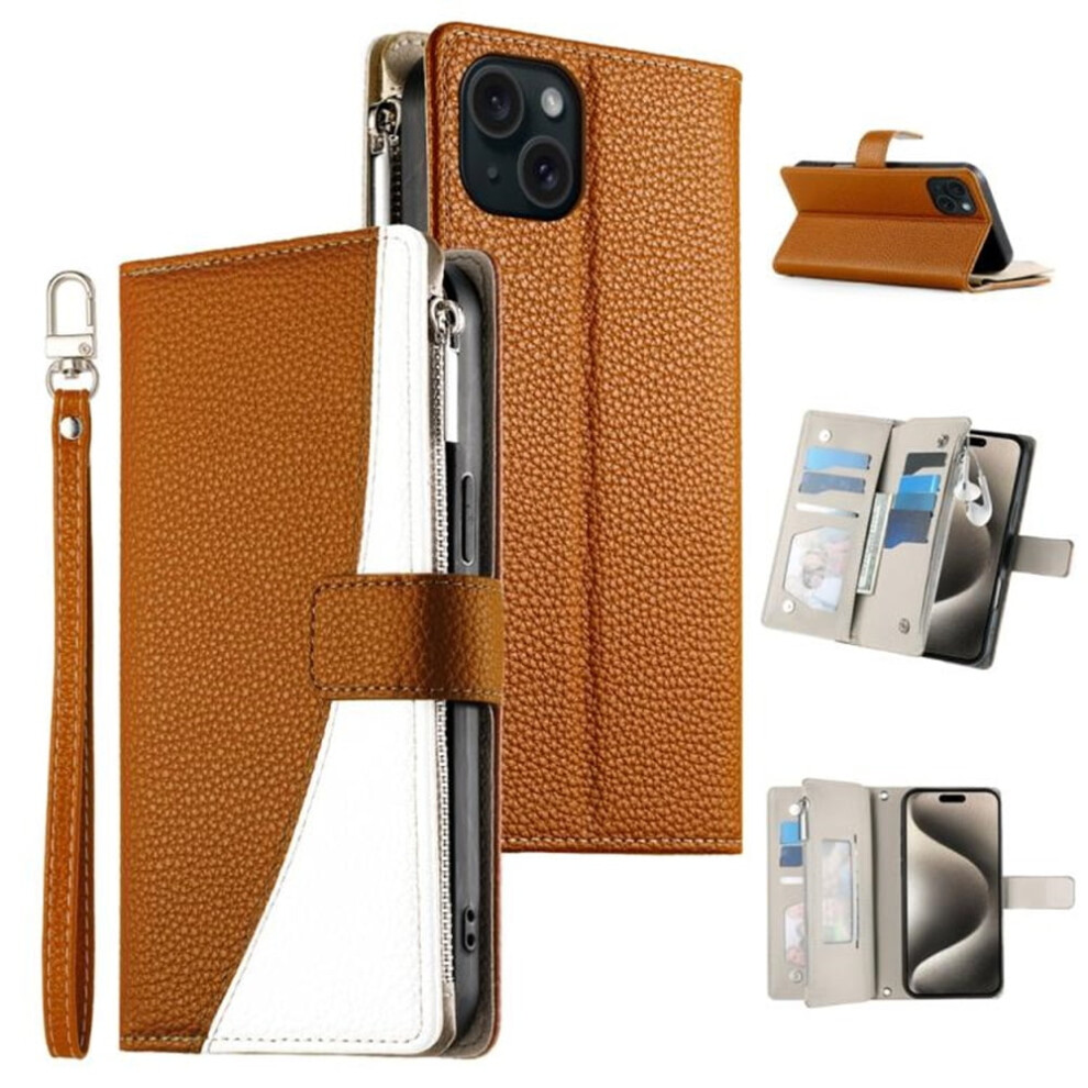 Pu Leather Flip Wallet For Iphone 15 6.1" Â Splicing Design, Multi Card Slots, Strong Magnetic Closure, Hanging Rope, Compatible With Iphone Brown 9130661899758