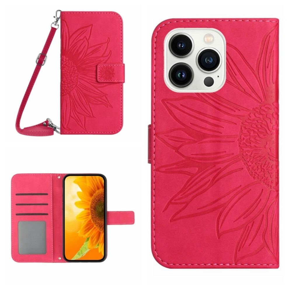 Sunflower-Embossed Pu Leather Flip Wallet Case With Magnetic Closure & Adjustable Strap For Iphone 14 Pro Max 6.7" Â Rose Red 9130661901437