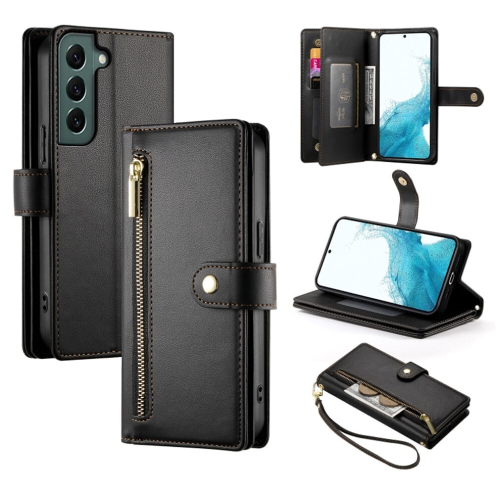 Compatible With Samsung Galaxy S22 5G 6.1" Wallet Case Â Leather, Multi-Card Slots, Zipper Pocket, Lanyard & Wristlet Black 9130661897471