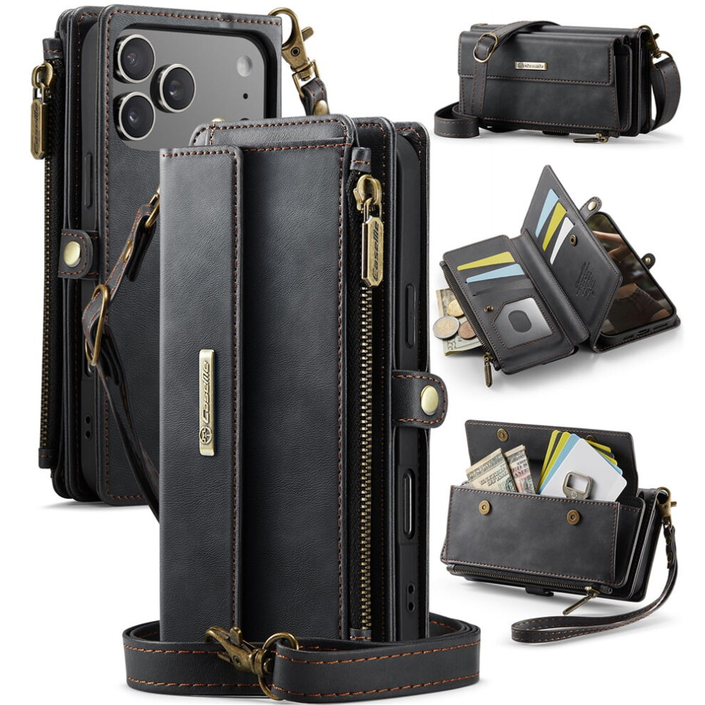 Caseme Wallet Case For Iphone 17 Pro 6.3", Rfid-Blocking Pu Leather, Kickstand, Wrist Strap, Zipper Card Slot, Black 9170372112227