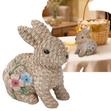 Resin Bunny Figurine Woven Rattan Style Hand Painted Floral