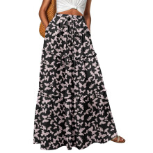 Damen-Rock im Boho-Stil mit Blumenmuster, elastischem Bund, hohem Bund und Bindebändern, Beige, Größe L