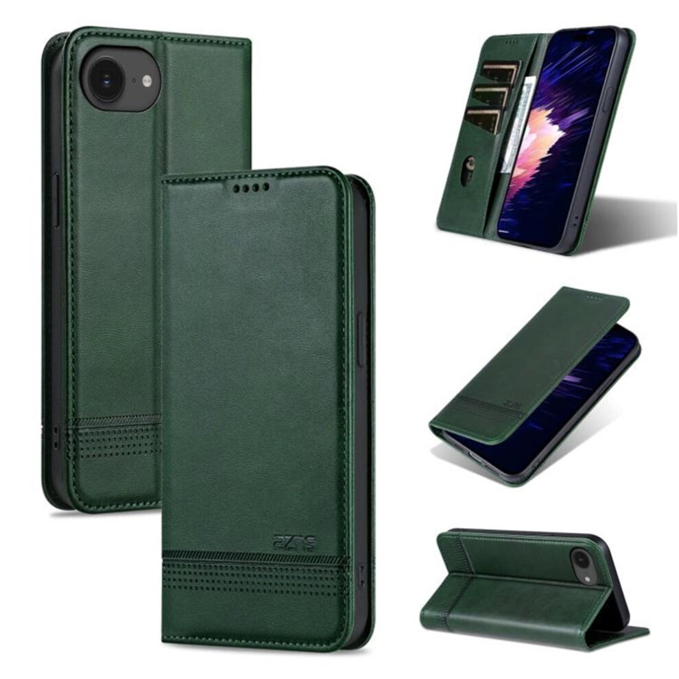 Premium Pu Leather Wallet Case For Iphone 16E Â Tpu Bumper, Card Slots, Kickstand, Magnetic Closure, Shockproof, Green 9165521611010