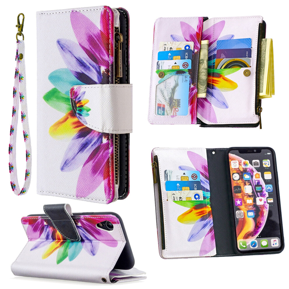 Compatible With Iphone Xr Case Â Pu Leather Folio With Zipper Wallet, 9 Card Slots, Hand Strap, Sun Flower Design 9165521612857