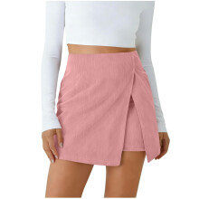 Damen-Cordrock mit integrierten Shorts, hochtaillierter Wickelminirock – lässiger Herbst-/Winterrock, Rosa M
