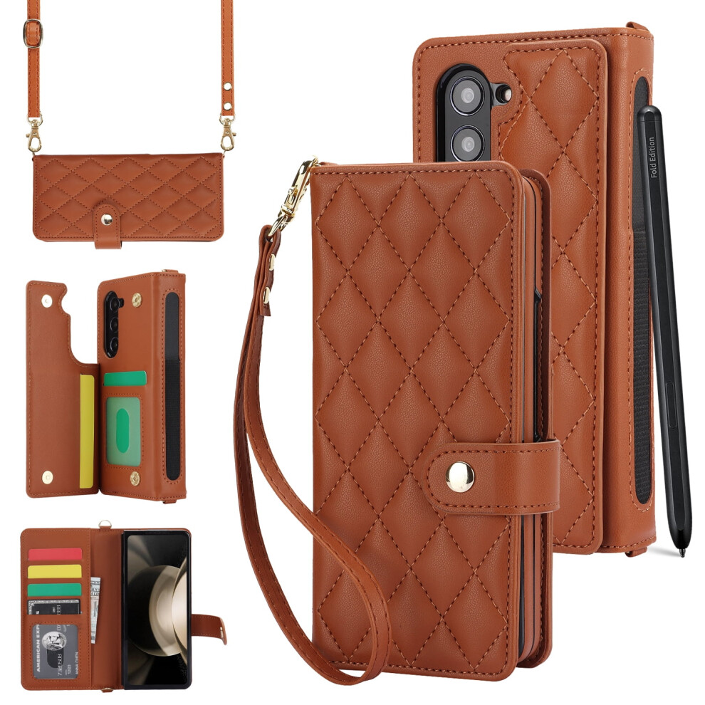 Wallet Case For Samsung Galaxy Z Fold 6ÂWrist & Crossbody Straps, Card Slots, Pu Leather Stand, Shockproof, Brown 9165521613816