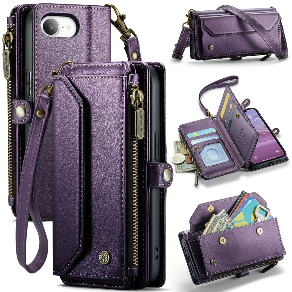 Caseme Leather Wallet Case For Compatible With Iphone 16E 6.1", Rfid Blocking, 7-Card Holder, Zipper Bills Slot, Magnetic Wrist Strap, Purple 9165521615506
