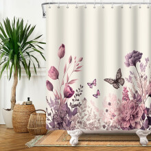 Rideau de douche Mizhona Vintage à motif floral et papillon pour salle de bain, en polyester imperméable, élégant et lavable, 183 x 198 cm (72 x
