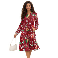 Weihnachtskleid mit Rentiermotiv für Damen, Größe L, langärmelig, tailliert, elegant, mit Taschen, gemütliches Weihnachtskleid für Damen,