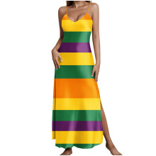 Damen-Sommerkleid im Mardi-Gras-Stil, lässig, bedruckt, V-Ausschnitt, Schlitz, Neckholder, langes Trägerkleid, Strandkleid, Strumpfhalterkleid
