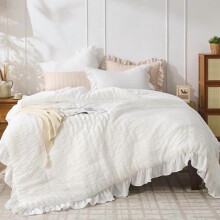 Set copripiumino singolo bianco, 2 pezzi, leggero e soffice in seersucker, con volant, in morbida microfibra per tutte le stagioni, stile shabby chic