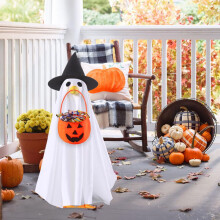 Fantasia de Ganso Fantasma para o Halloween, com Chapéu de Bruxa e Balde de Abóbora para Estátua de Ganso de 58 cm (23") - Decoração para