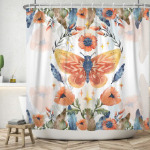 Boho Butterfly -suihkuverho, vaaleanpunainen sininen kukkasuihkuverho kylpyhuoneeseen, 60W x 72P tuuman kangaskylpyverhot