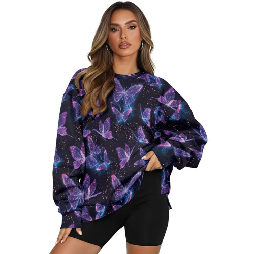 Γυναικείο Φούτερ με Στάμπα Galaxy Butterfly Oversized, Μακρυμάνικο Πουλόβερ με Στρογγυλή