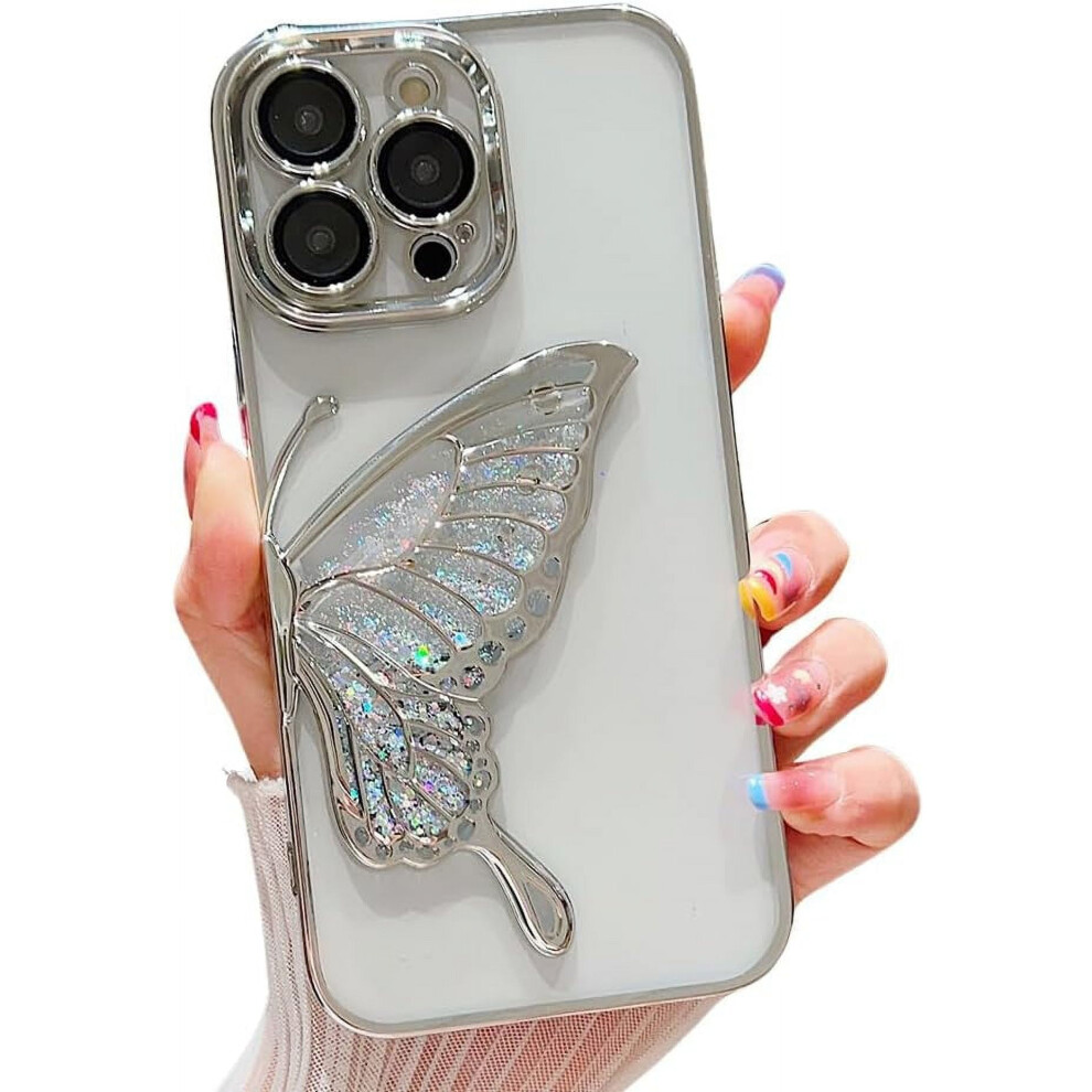 Glitter Electro-Plated Butterfly Liquid Sand Case For Iphone 15 Pro Max Â Clear Lens Protection, Soft Shockproof Cover (Silver) Silver 9425574219169