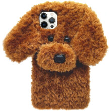 Kompatibel med iPhone13Pro – Sött plyschigt pälshundskal, kawaii-skal med mjukt TPU-stötsäkert skal för kvinnor och flickor, brunt