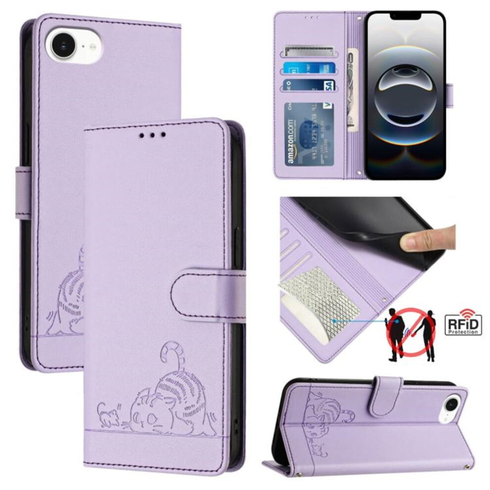 Rfid-Blocking Pu Leather Flip Wallet Case For Iphone 16E 6.1" Â Cat Embossed, Strong Magnetic Closure, Card Slots, Hanging Rope Purple 9425574219084