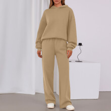 Dam höst casual 2-delat set med långärmad huvtröja och vida byxor khaki XL