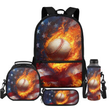 School Backpack Set of 4 Packs, American Flag Fire Baseball Kids Travel Rucksack+Stationery Pen Case+Insulated Lunch Box Bag+Water Bottle Carrier Bag