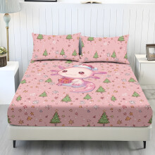 3-delige tweepersoons verkoelende lakenset, roze axolotl-, sterren- en boomprint, zacht polyester, 1 hoeslaken + 2 kussenslopen, ademend beddengoed