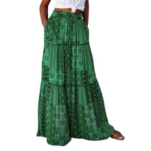 Damen-Rock im Boho-Stil mit Blumenmuster, elastischem Bund, hohem Bund und Bindebändern, Dunkelgrün, XL