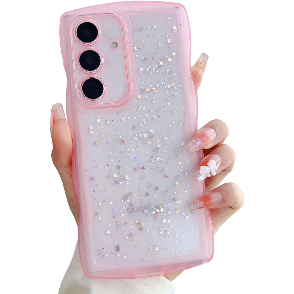Compatible With Galaxy A15 5G Case For Women – Glitter Bling, Curly Wave Frame, Silicone Shockproof Cover With Camera Lens Protector Pink 9455834312842
