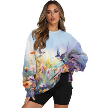 Dámska mikina s potlačou kolibríkov a sedmokrások, jesenný sveter s dlhým rukávom, top, módny oversized sveter s okrúhlym výstrihom,
