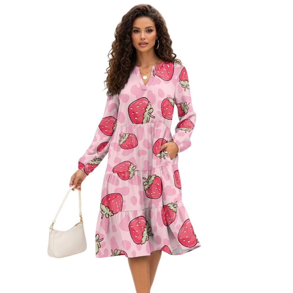 Women's Long Sleeve Midi Dress V-Neck Flowy Elastic Pink 9362892756665