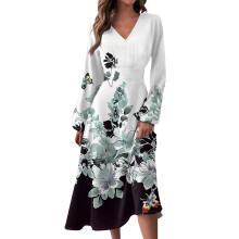 Abito lungo da donna autunno/inverno casual con scollo a V, maniche lunghe e stampa floreale vintage, grigio, taglia M