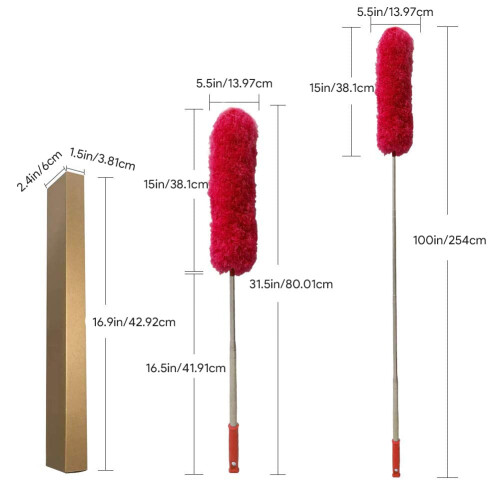 Feather Duster, Extendable Duster Microfiber Long Extension Pole Scratch Resistant Cover, Washable, Cleaning High Ceiling Fans, Blinds, Cobweb (Red) 1