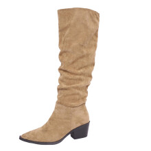 Lässige Damen-Kniestiefel, weit geschnitten, mit Kitten-Heel und spitzer Zehenpartie, zum Hineinschlüpfen, lange Winterstiefel, Khaki, Größe 43