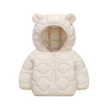 Kids Hooded Puffer Jacket with Bear Ear Design Lightweight Quilted Outerwear for Boys Girls Zip Closure Winter Coat Style #C040 Beige 130