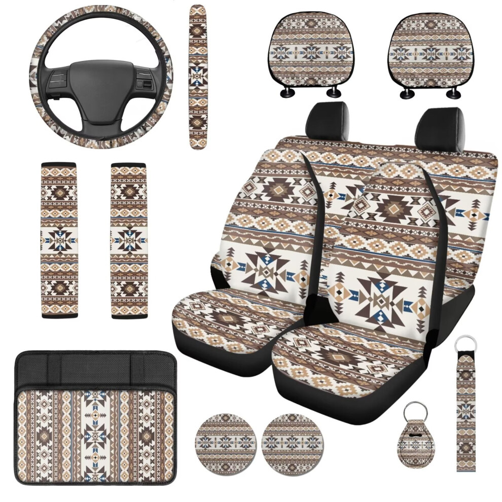 Aztec Tribal 14-Pc Car Seat Cover Set W/ Console, Wheel, Headrest, Belt Pad & Cup Coaster Â Anti-Slip, Comfortable For Cars/Suvs 9043876415319