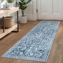 Vintage Blue & White 2x6 Runner Rug – Washable, Non-Slip, Faux Wool Floral Design for Hallway, Kitchen, Entryway, Bedside – Compatible with All
