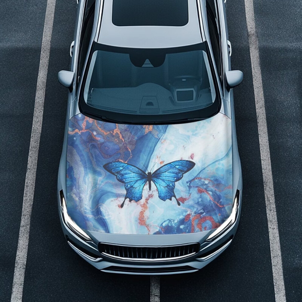 Butterfly Marble Car Hood Cover Â Waterproof, Stretchable Polyester Protector Compatible With Most Sedans, Trucks, Suvs Blue 9180333255597