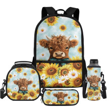 Sunflower Baby Highland Cow Backpack Set for Kids 5-12, 17" School Bag + Lunch Tote + Bottle Bag + Pencil Case (4pcs)