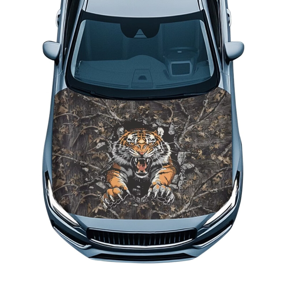 Forest Tiger Print Hood Cover (59X39 In), Elastic Polyester, Compatible With Most Cars, Pickups & Suvs 9180333254521