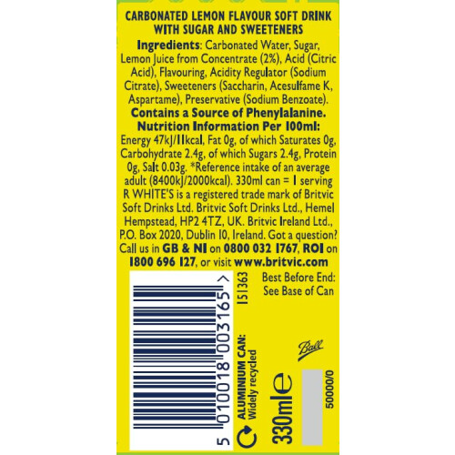 R Whites Lemonade 330ml (Pack of 24) 1
