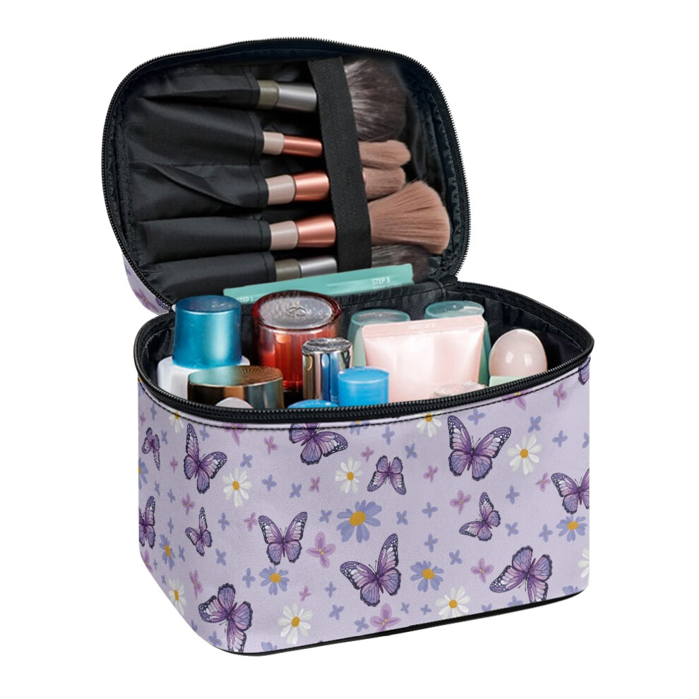 (8.86"x6.5"x5.9") Cosmetic Makeup Organizer Bag Multi-Function Makeup Organizer Lightweitht, Butterflies and Daisies