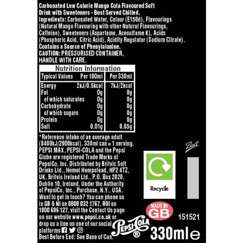 Pepsi Pepsi Max Mango, 330ml (Pack of 24) 1