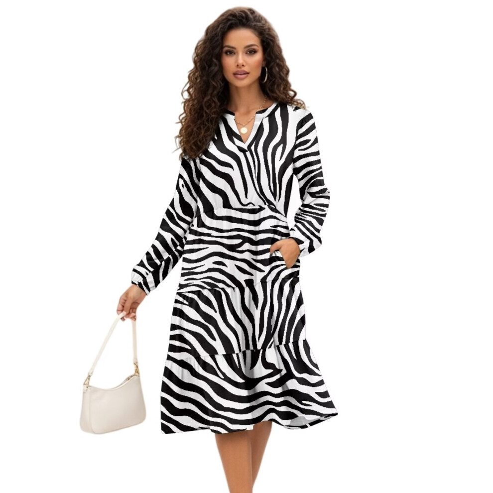Ruffled Tiered Dress For Women Waist With Pockets Casual Dresses Cozy Soft Midi Dress Work Dress, Zebra Print, Size XX-Large 9426043650834