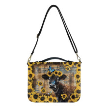 Cow Sunflower Butterfly Wood Print Bible Cover, PU Leather Zippered Bible Bag with Shoulder Strap, Waterproof – Compatible with Large Bibles